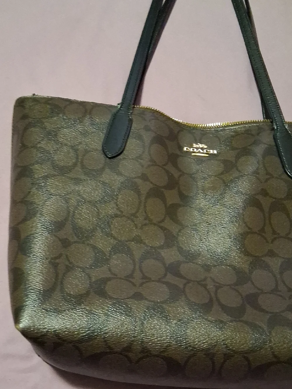 Coach Brown Signature Tote with Dark Green Handles - Picture 2 of 10